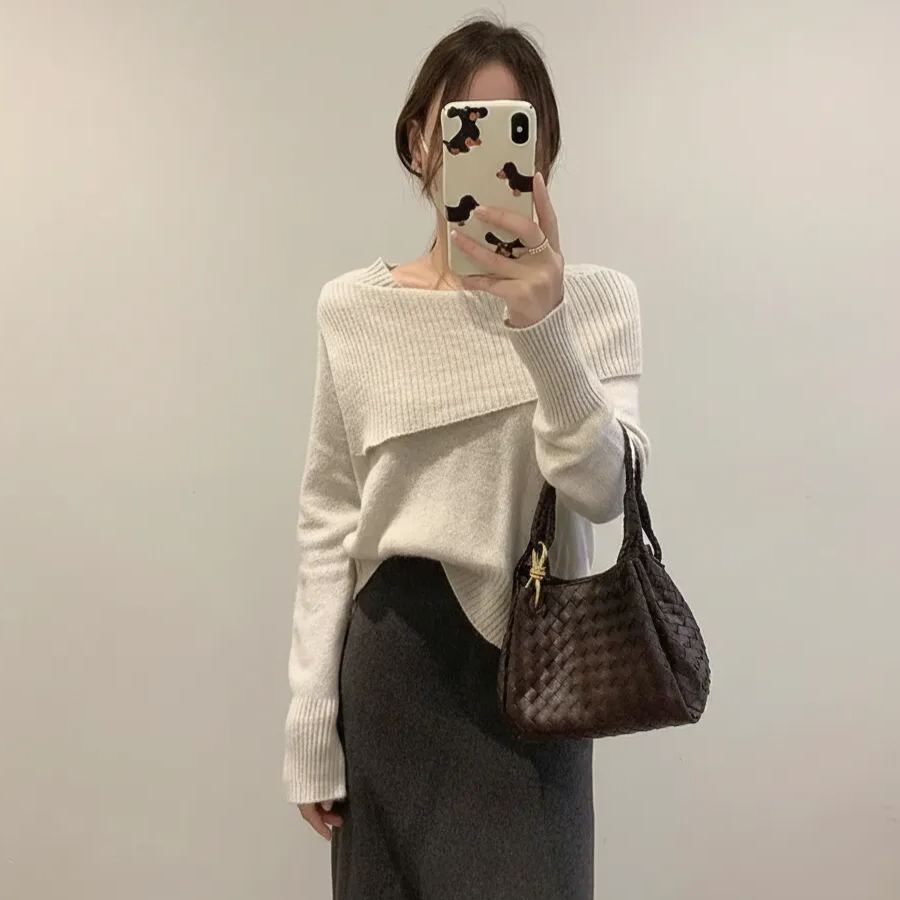 韓版時尚一字肩鎖骨翻領氣質針織長袖-Cicimode