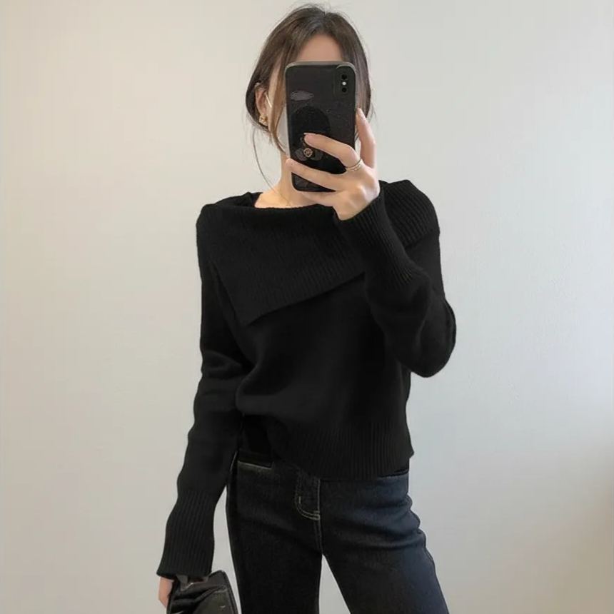 韓版時尚一字肩鎖骨翻領氣質針織長袖-Cicimode
