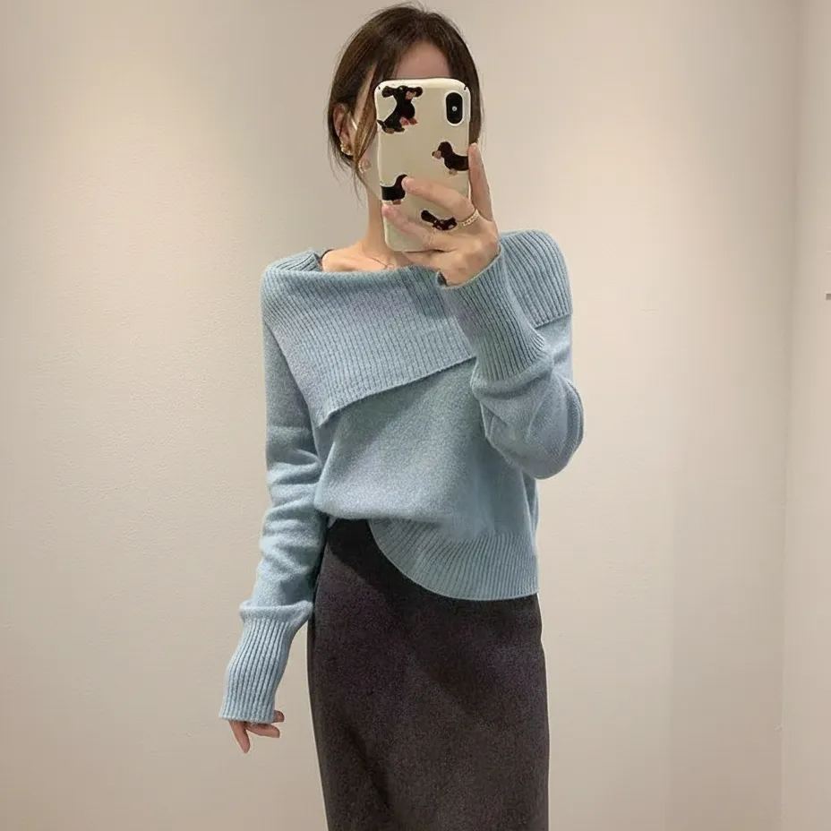 韓版時尚一字肩鎖骨翻領氣質針織長袖-Cicimode