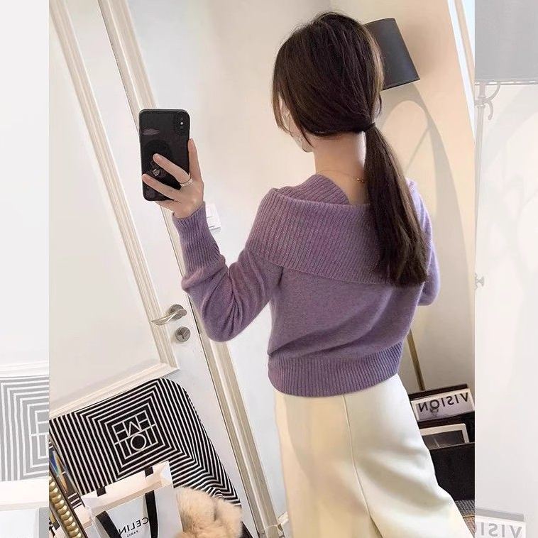 韓版時尚一字肩鎖骨翻領氣質針織長袖-Cicimode