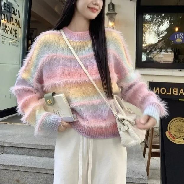 美拉德漸變條紋毛衣顯瘦軟糯針織衫-Cicimode