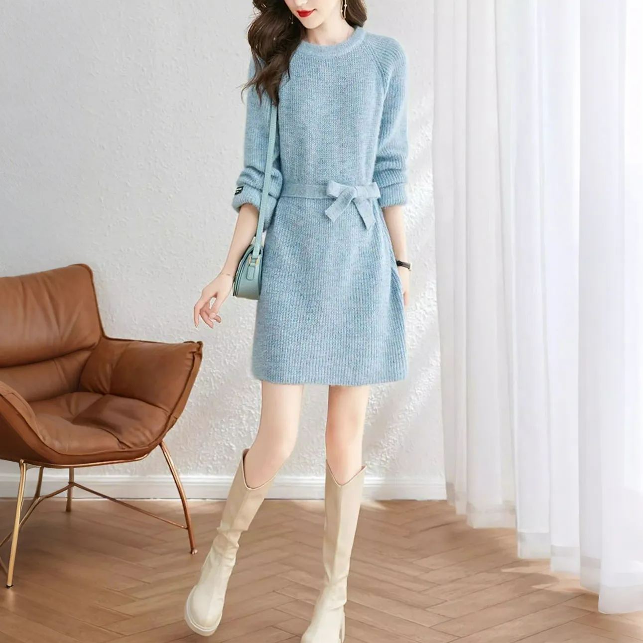 慵懶風寬鬆系帶中長版針織毛衣洋裝-Cicimode