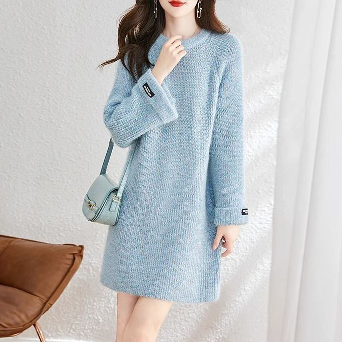 慵懶風寬鬆系帶中長版針織毛衣洋裝-Cicimode