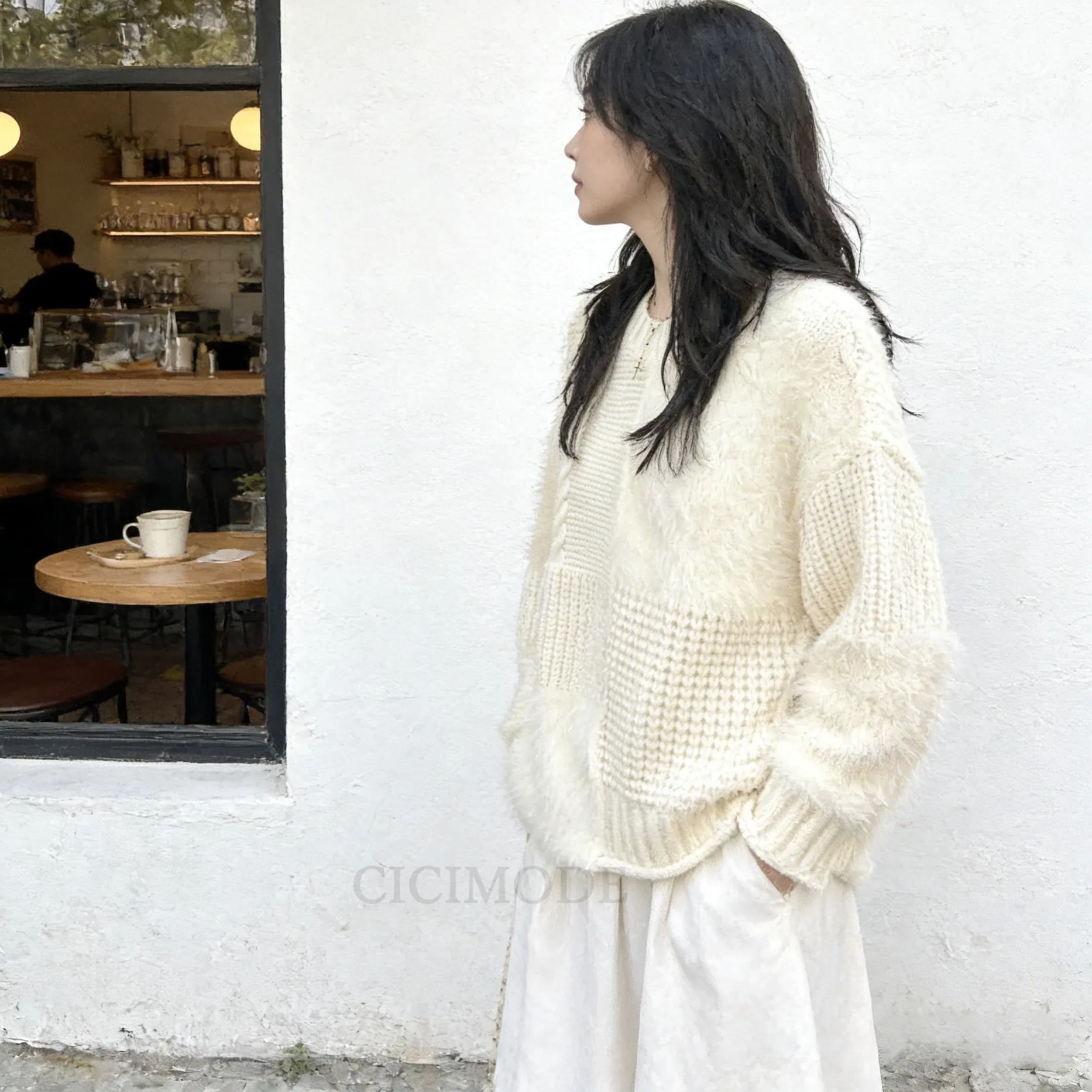 奶杏色高級感慵懶風寬鬆重工拼接針織毛衣-Cicimode