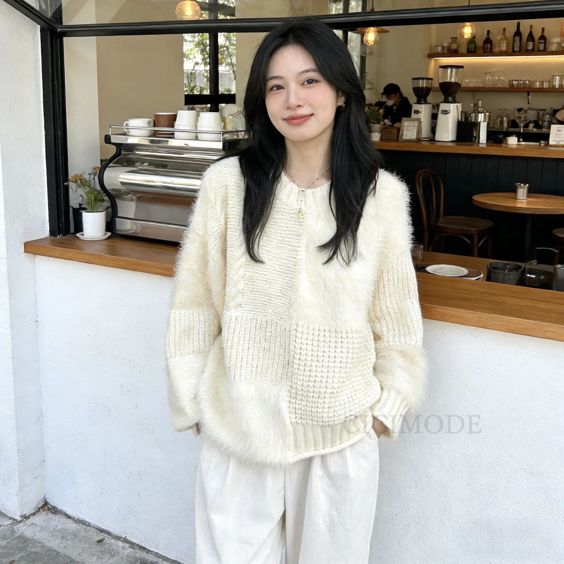 奶杏色高級感慵懶風寬鬆重工拼接針織毛衣-Cicimode
