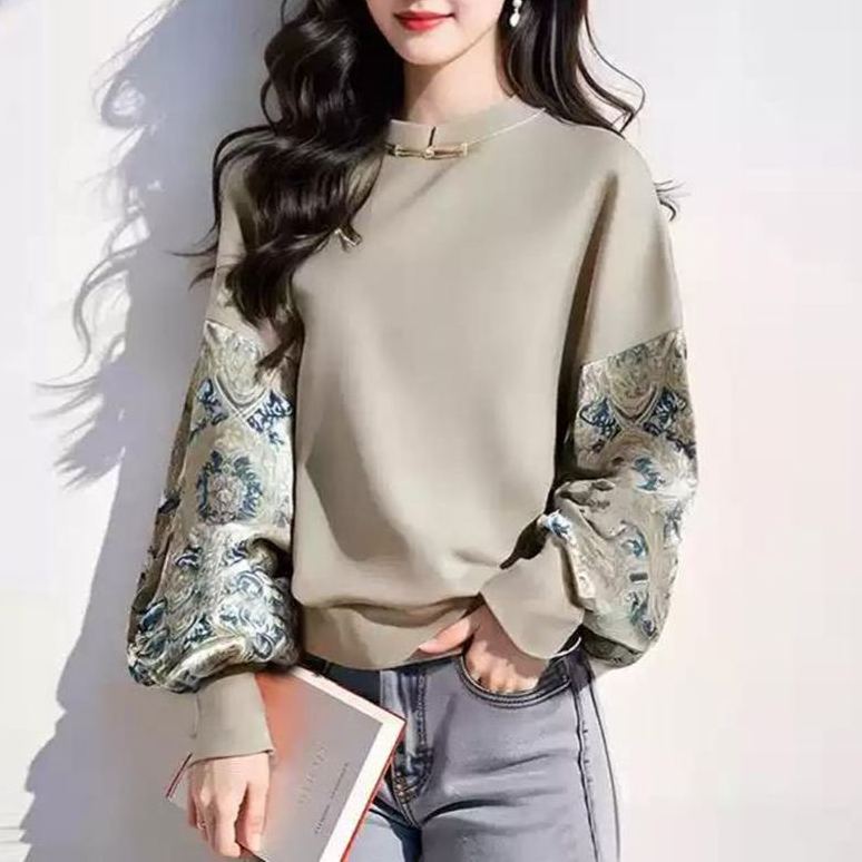 新中式國風印花設計感重工盤扣拼接長袖T恤-Cicimode