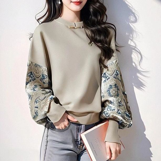 新中式國風印花設計感重工盤扣拼接長袖T恤-Cicimode