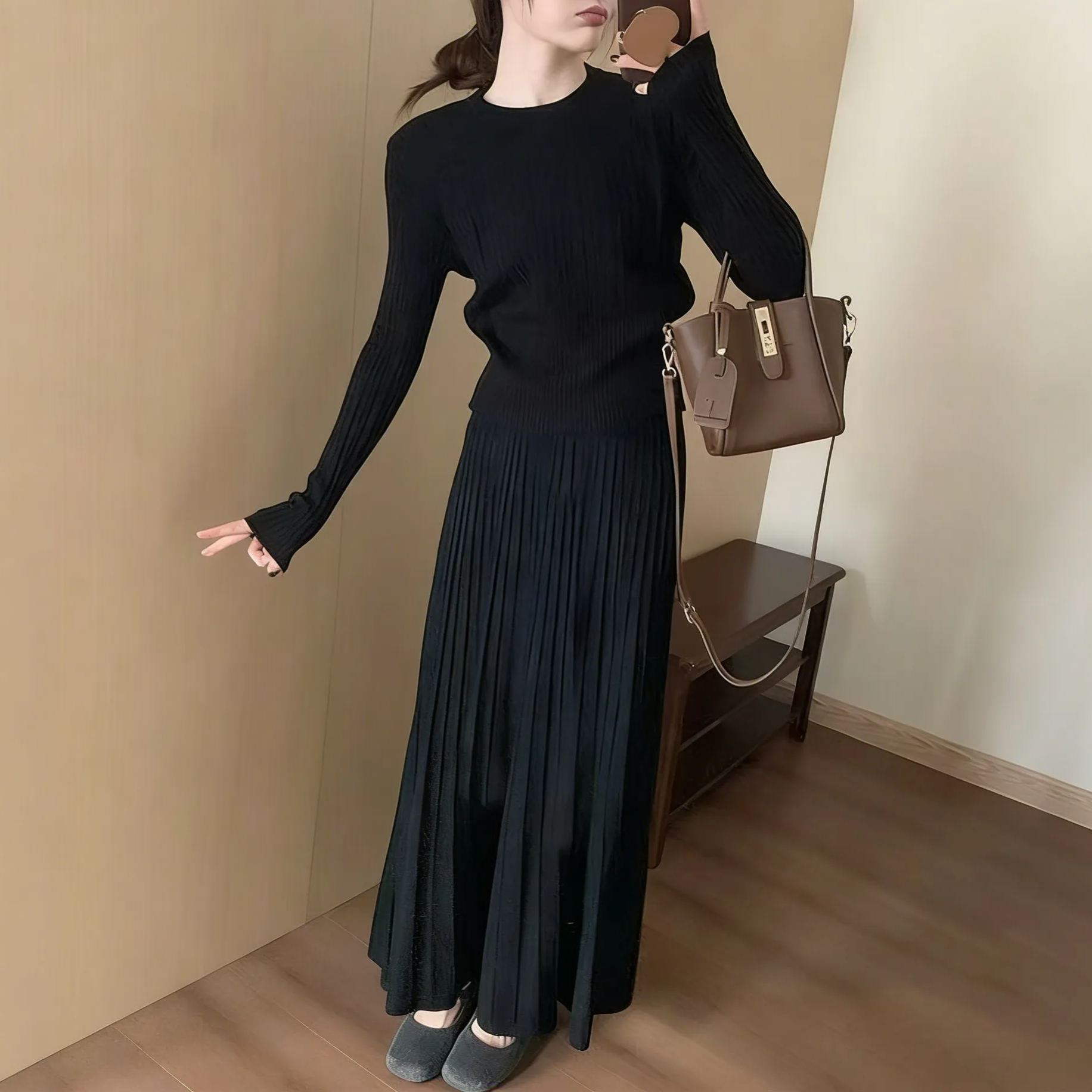 【整套】法式高級感收腰顯瘦針織毛衣+氣質半身長裙兩件套裝-Cicimode