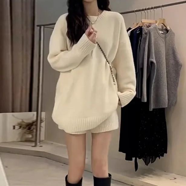 【整套】韓系慵懶針織年輕氣質寬鬆灰色毛衣+時尚高腰短褲兩件套裝