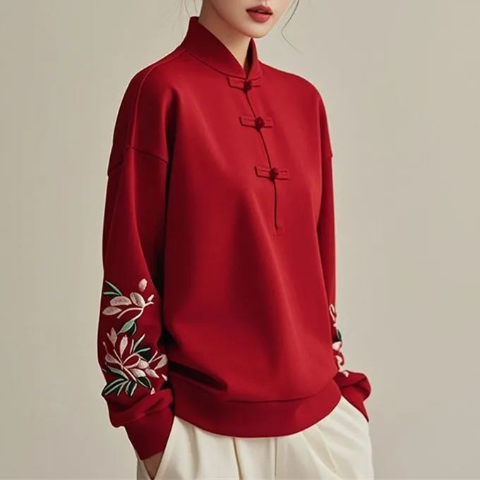 新中式國風盤扣刺繡立領德絨長袖-Cicimode