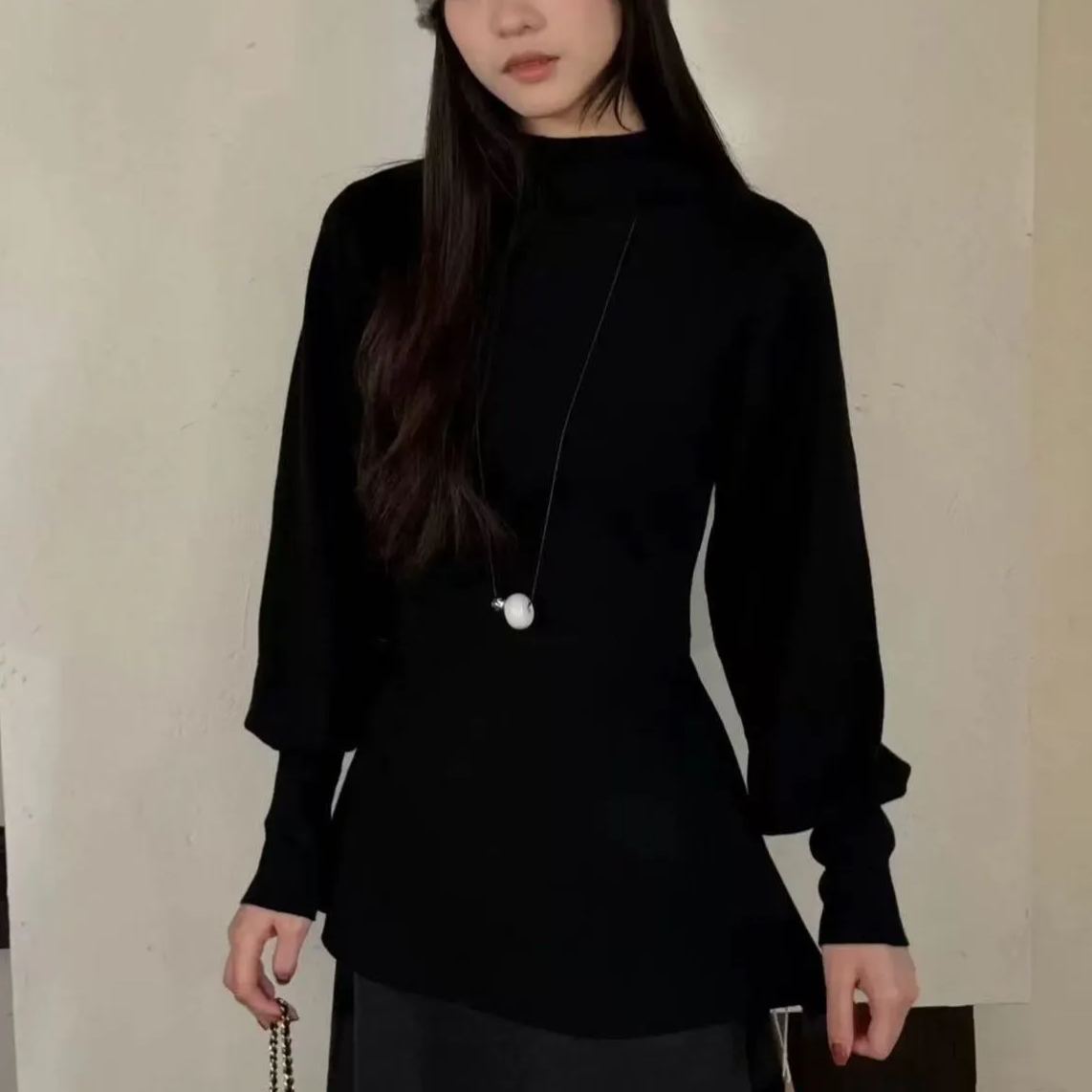 法式半高領燈籠袖獨特收腰慵懶氣質針織毛衣-Cicimode