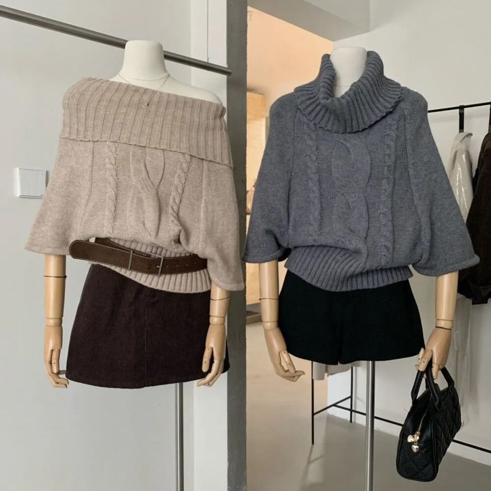 麻花斗篷氛圍針織衫復古寬鬆中袖高領毛衣-Cicimode