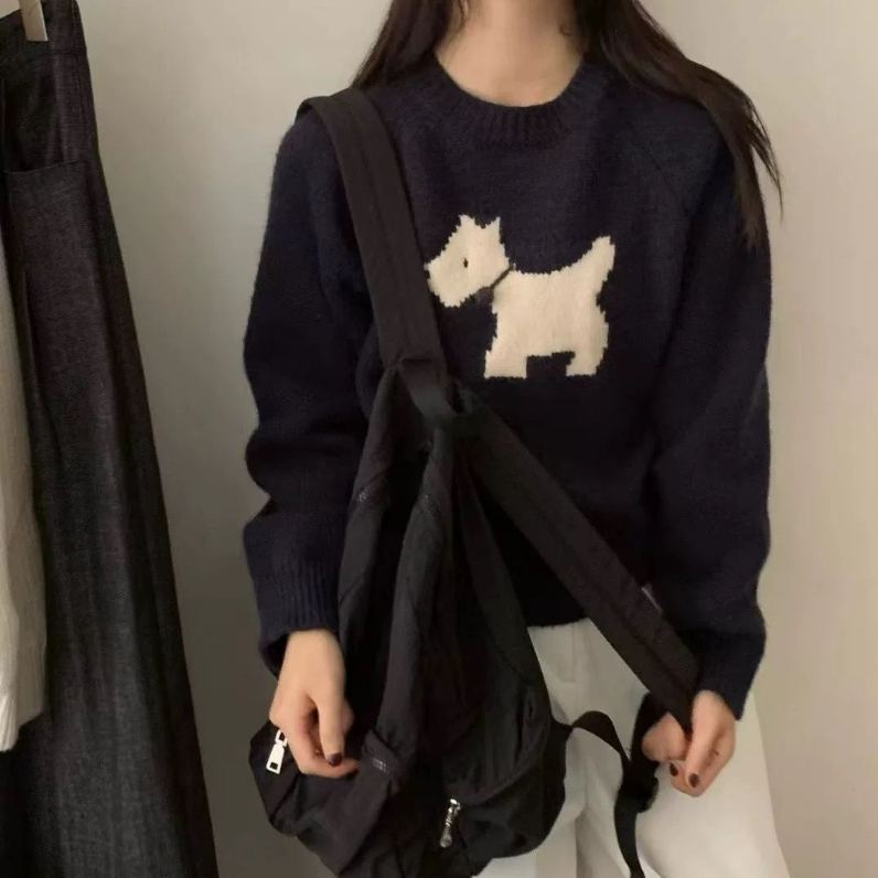 韓系寬鬆短版軟糯圓領狗狗提花針織毛衣-Cicimode