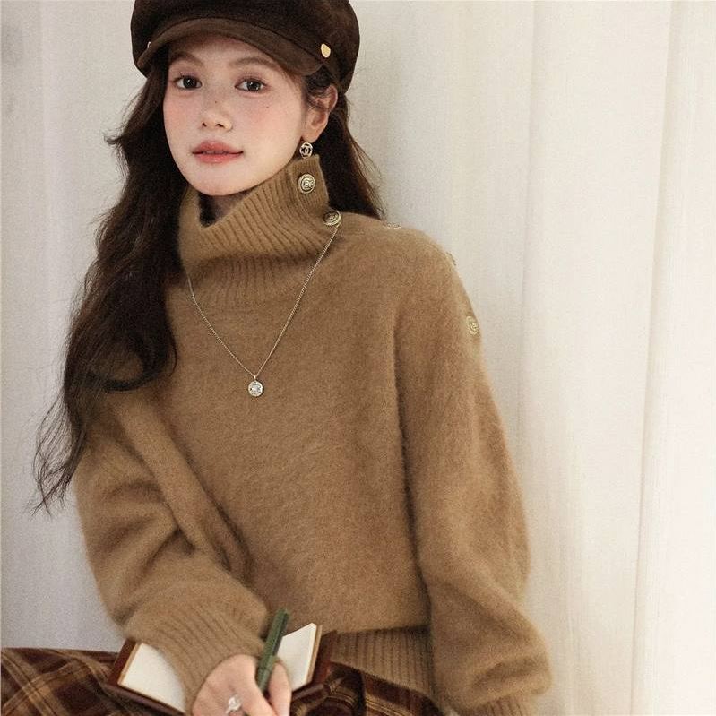 高級感韓系慵懶可外穿不規則翻領針織毛衣-Cicimode