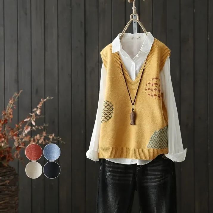 文藝范V領提花背心百搭坎肩套頭針織馬甲