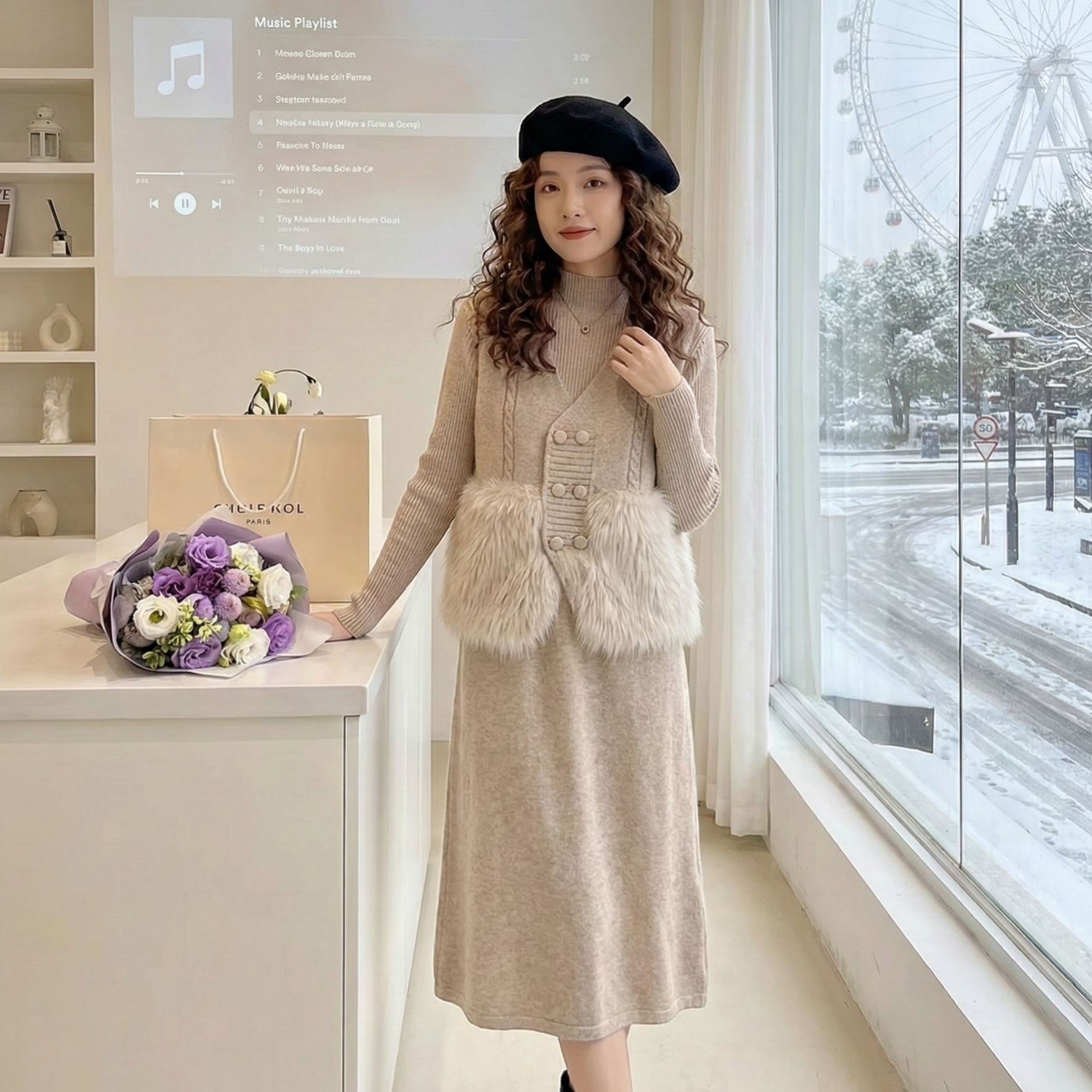 【整套】小香風拼接毛毛馬甲+高級感針織洋裝兩件套裝