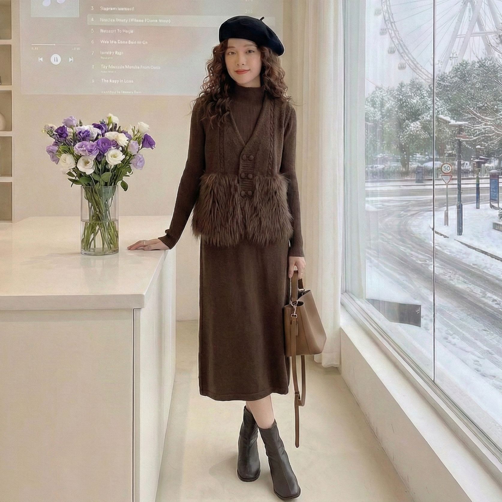 【整套】小香風拼接毛毛馬甲+高級感針織洋裝兩件套裝