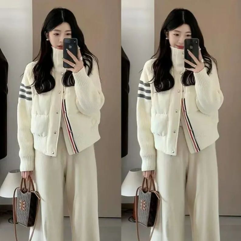 短版休閑立領加厚保暖針織拼接羽絨棉服