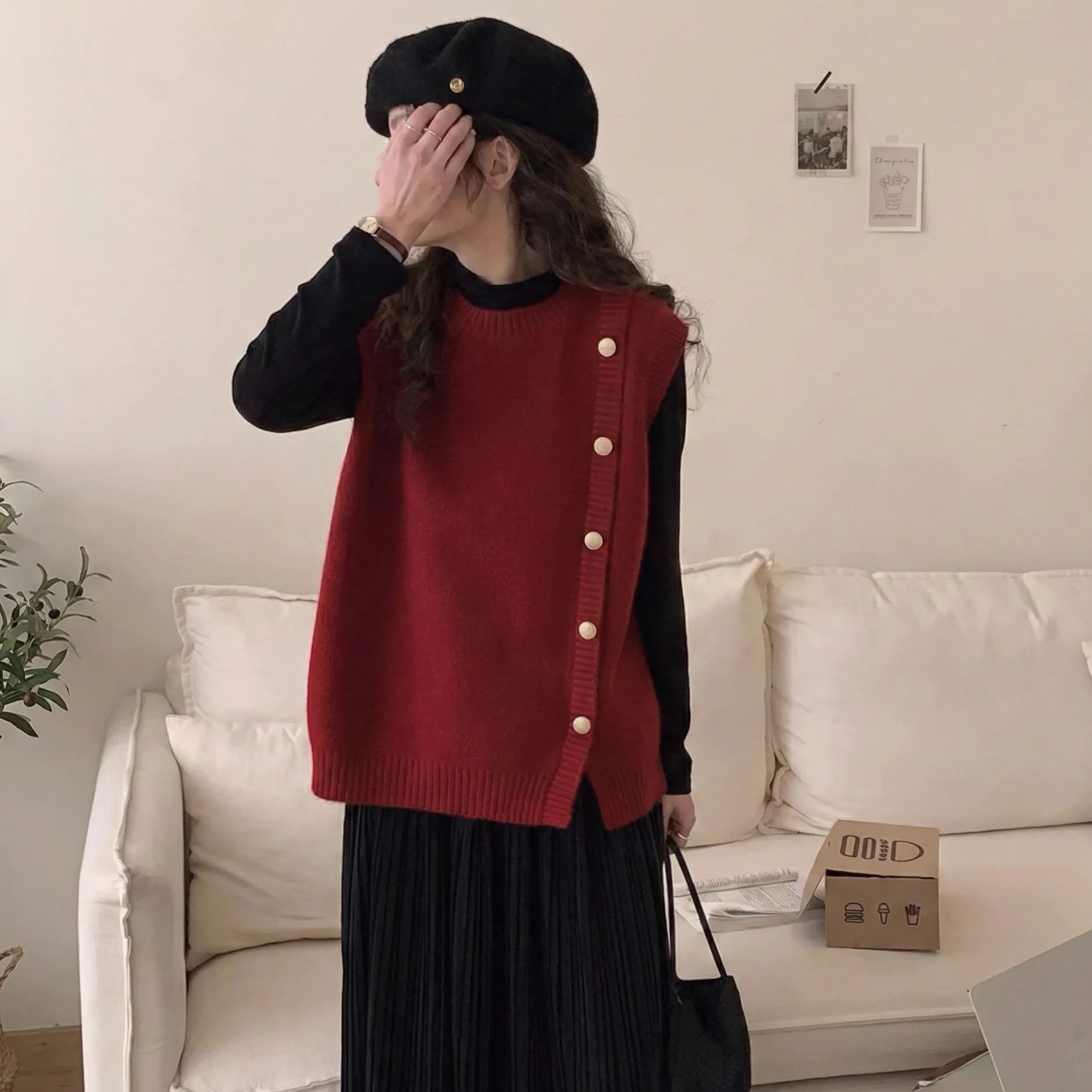 疊穿背心氣質設計感慵懶風側邊金扣針織馬甲