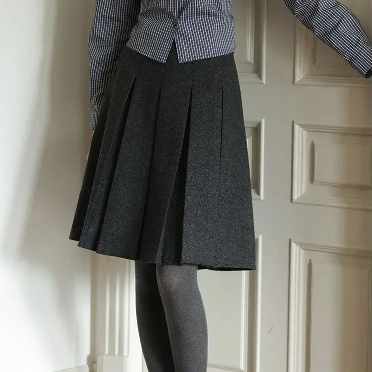 復古重工壓褶顯瘦高腰毛呢A字半身裙