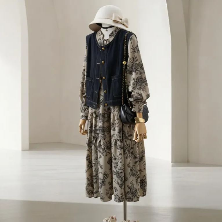 【單件/套裝】鬆弛感遮肉顯瘦牛仔馬甲+碎花長裙兩件套裝