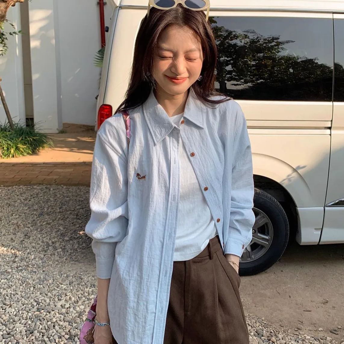 刺繡設計慵懶休閒百搭長袖氣質寬鬆襯衫