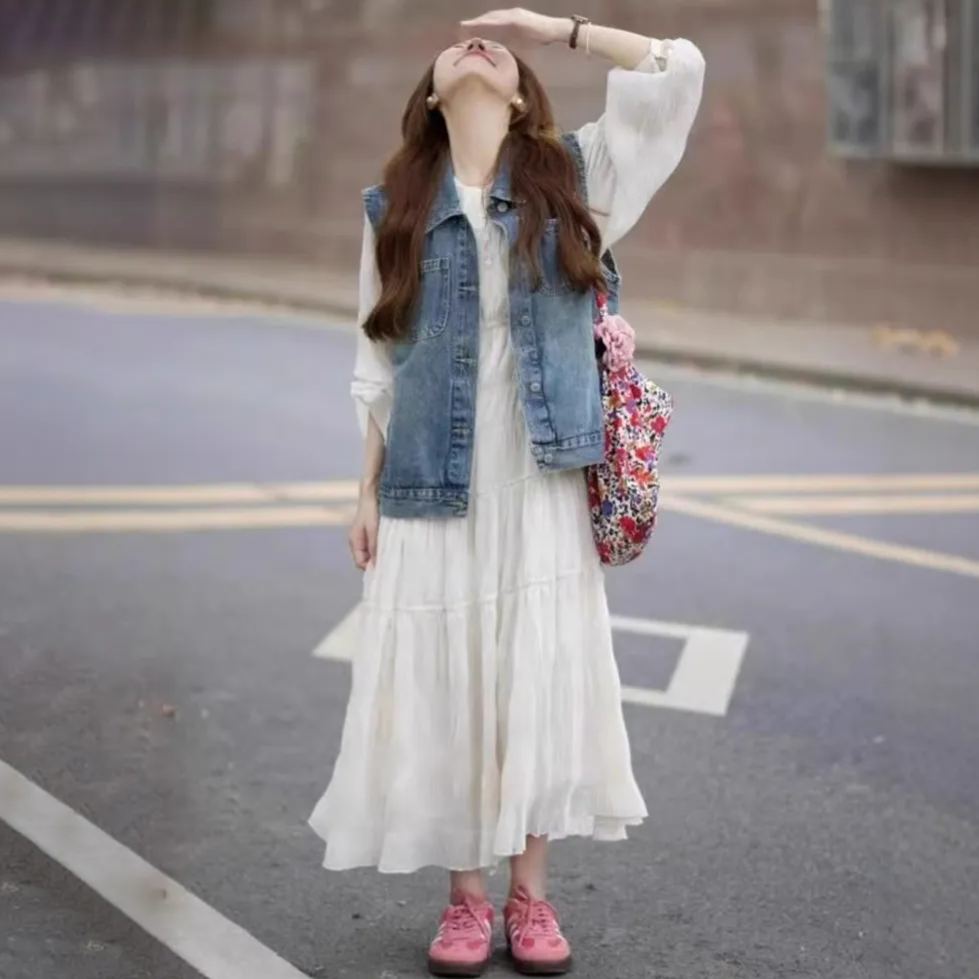 【單件/套裝】翻領牛仔馬甲外套+長袖連衣裙兩件套裝