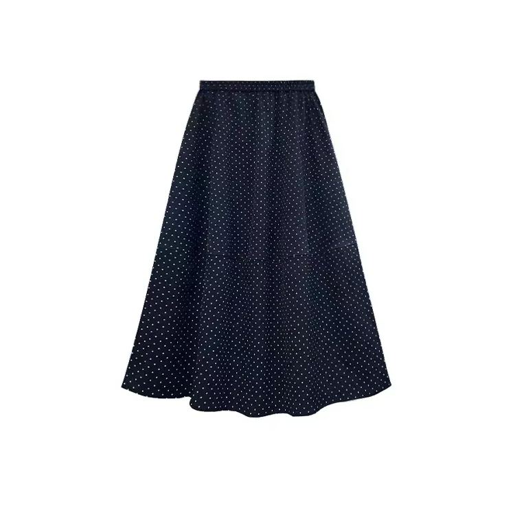大碼遮胯顯瘦藏青波點高腰拼接A字半身裙
