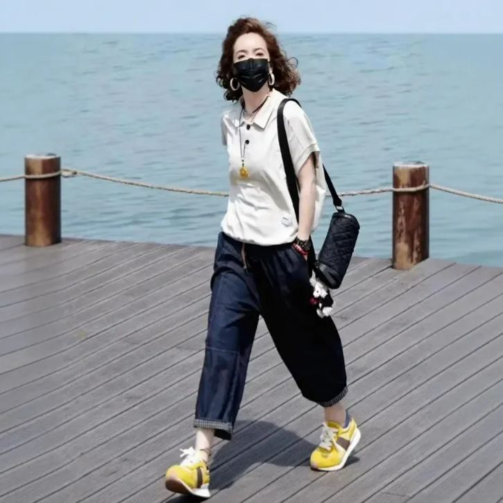 【單件/套裝】POLO領後背印花短袖上衣+薄款牛仔八分褲兩件套裝