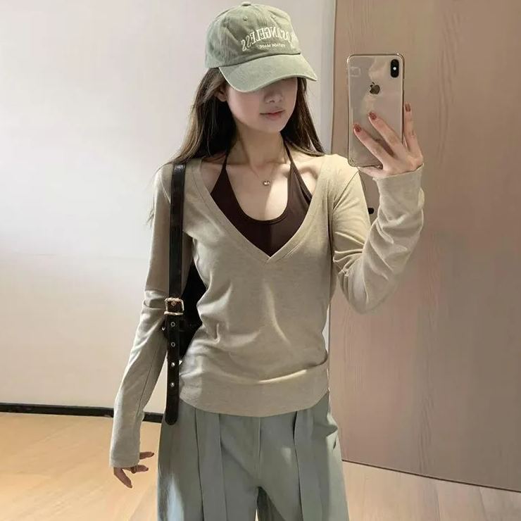 【整套】疊穿美式辣妹修身長袖罩衫+掛脖背心兩件套裝