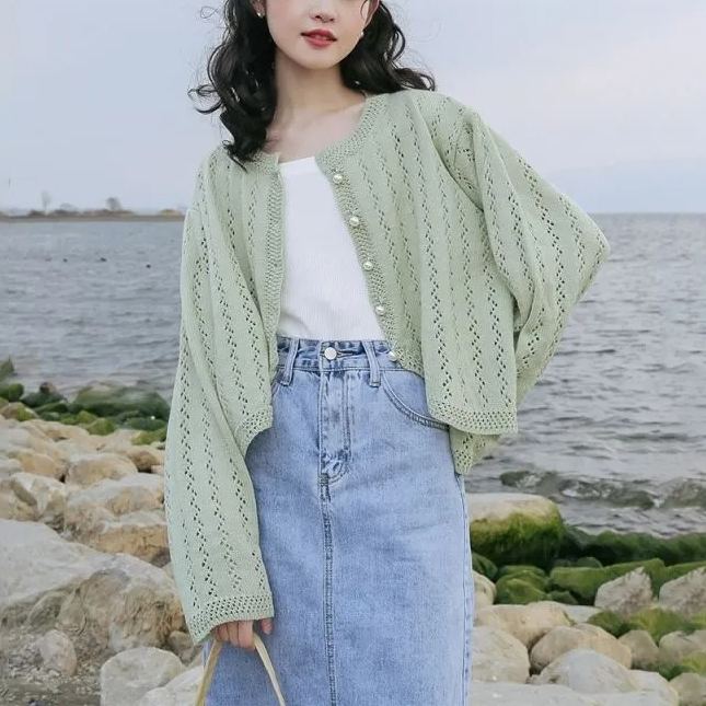 溫柔休閒百搭薄款鏤空針織開衫