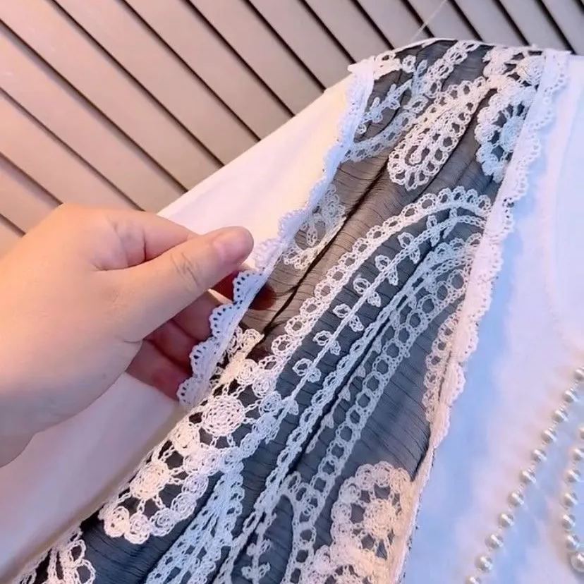 高級感假兩件鉤花鏤空寬鬆洋氣短袖T恤