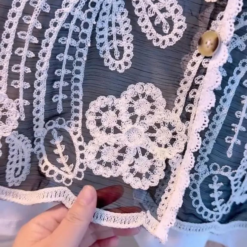 高級感假兩件鉤花鏤空寬鬆洋氣短袖T恤