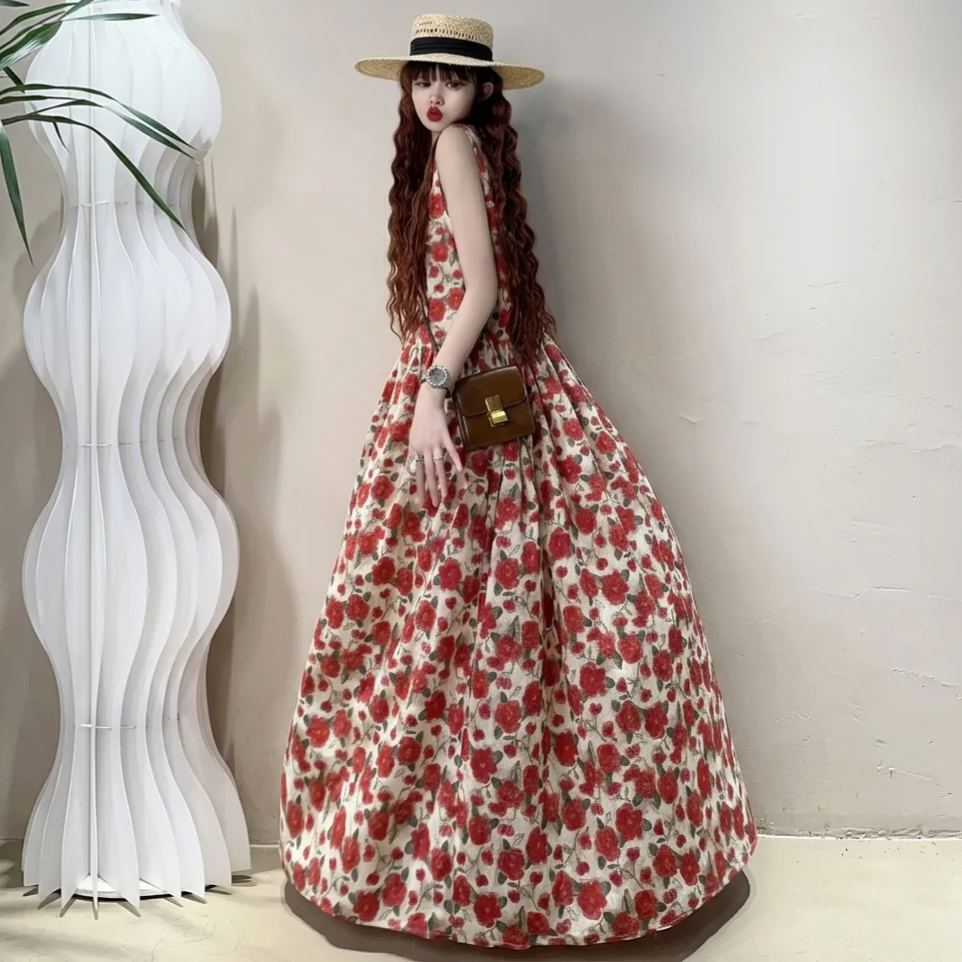 法式清新洋氣減齡背心復古碎花高級感洋裝