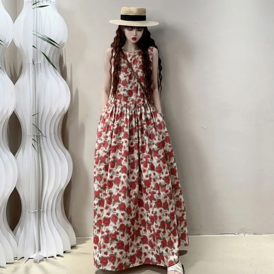 法式清新洋氣減齡背心復古碎花高級感洋裝