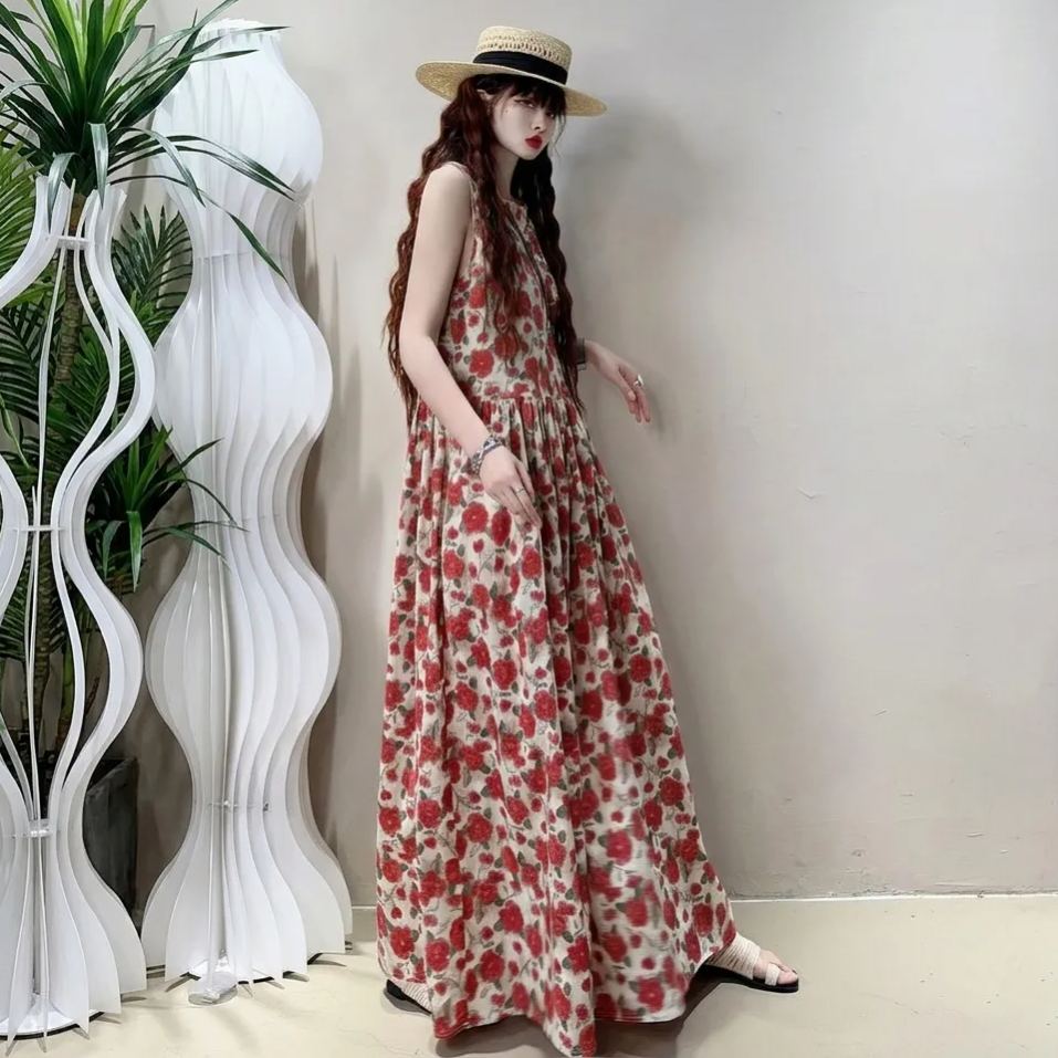 法式清新洋氣減齡背心復古碎花高級感洋裝