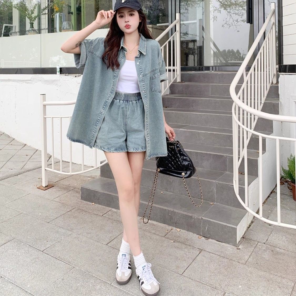 【单件/套装】时尚休闲宽松显瘦牛仔衬衫+松紧腰牛仔短裤两件套装