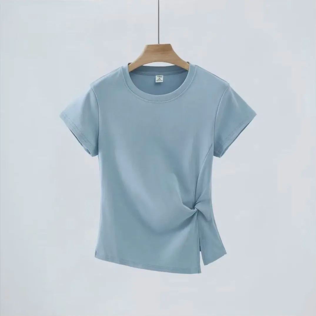 韓系百搭修身圓領扭結開叉短袖T恤