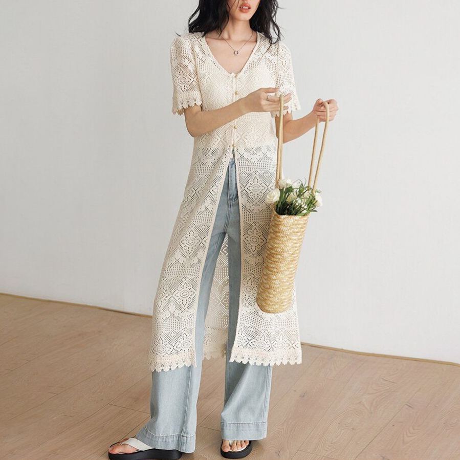 防曬衣長版短袖鏤空設計感法式針織開衫