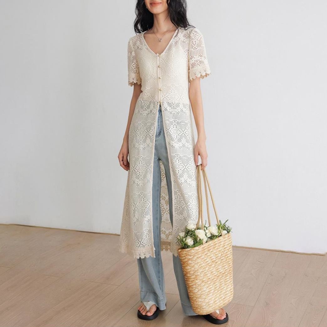 防曬衣長版短袖鏤空設計感法式針織開衫