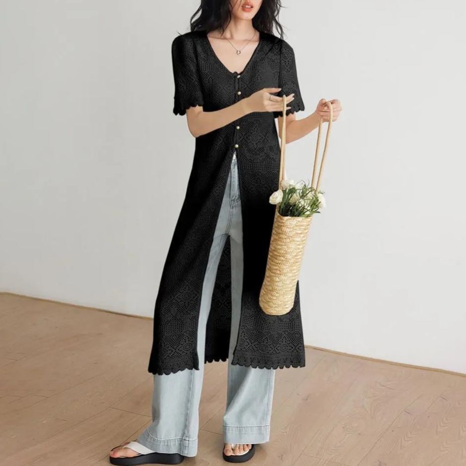 防曬衣長版短袖鏤空設計感法式針織開衫