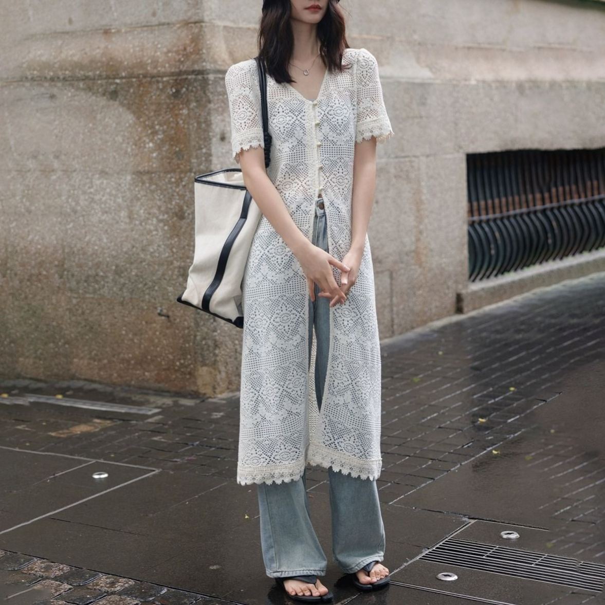 防曬衣長版短袖鏤空設計感法式針織開衫