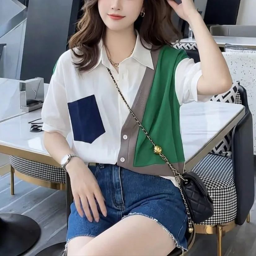 時尚獨特別緻設計感拼接短袖襯衫