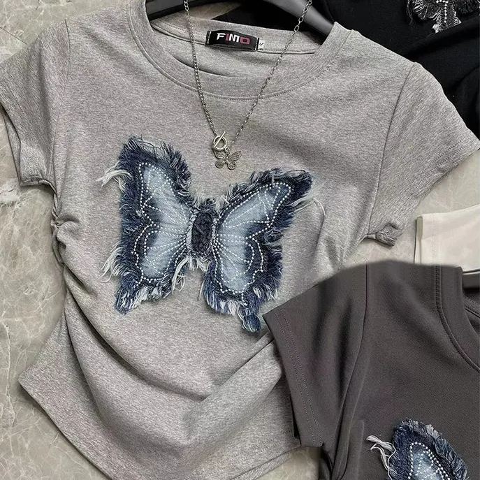 百搭顯瘦修身收腰褶皺正肩蝴蝶短袖T恤