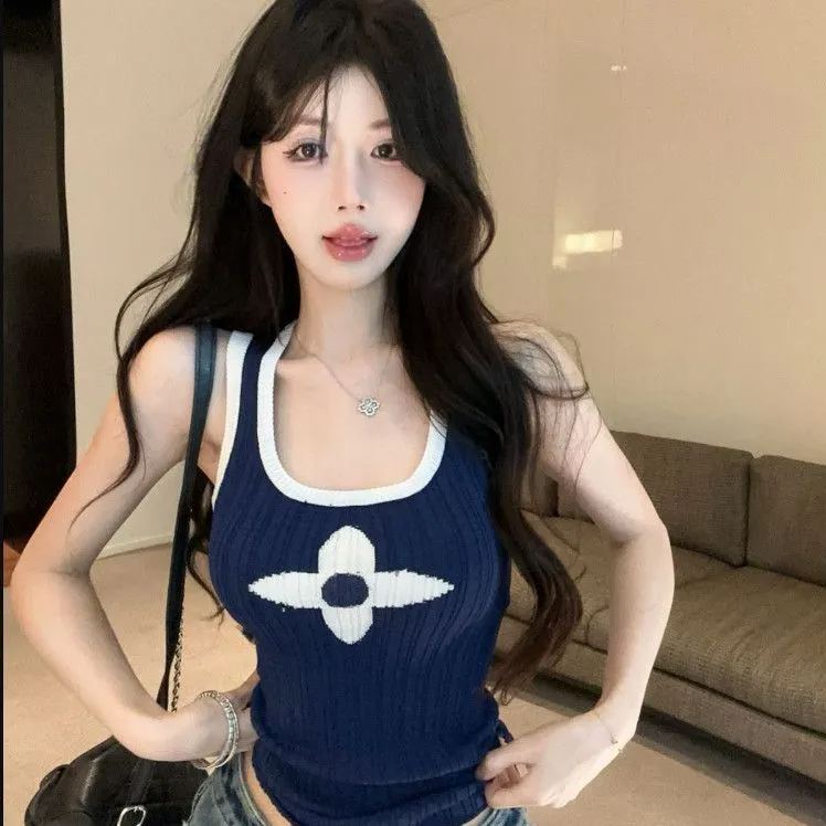 美式辣妹涼感撞色印花顯瘦針織吊帶背心