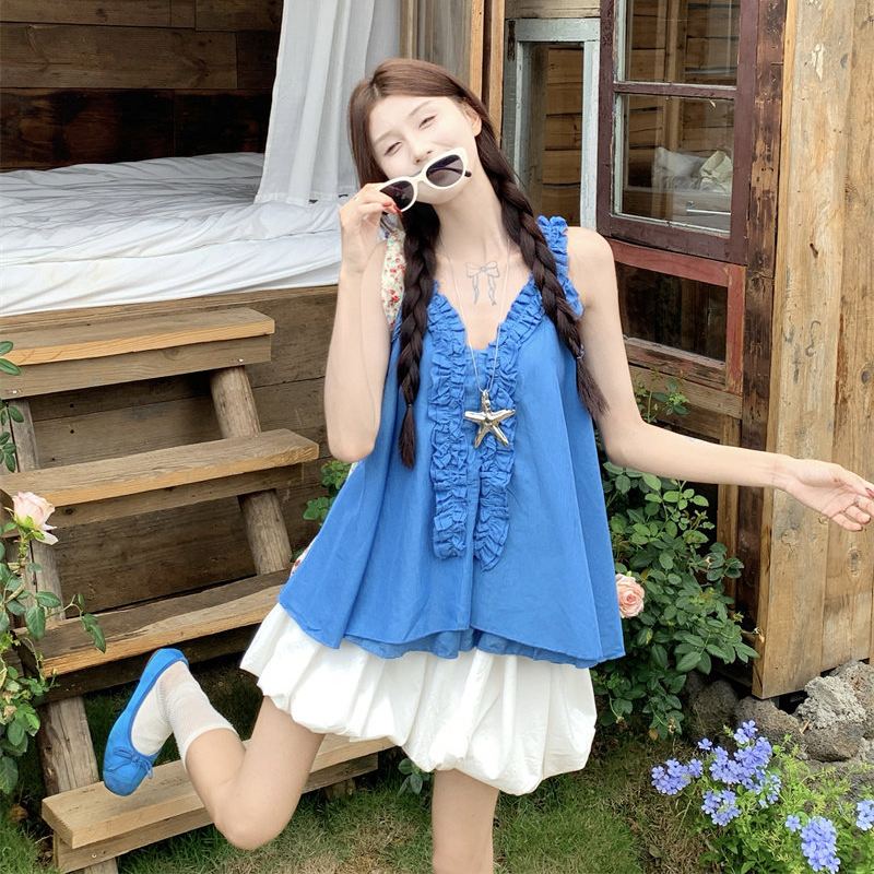 V領甜美設計感拼接木耳邊洋氣吊帶襯衫