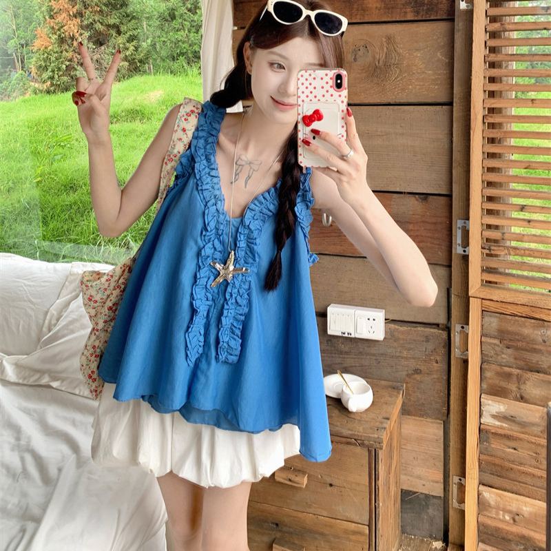 V領甜美設計感拼接木耳邊洋氣吊帶襯衫