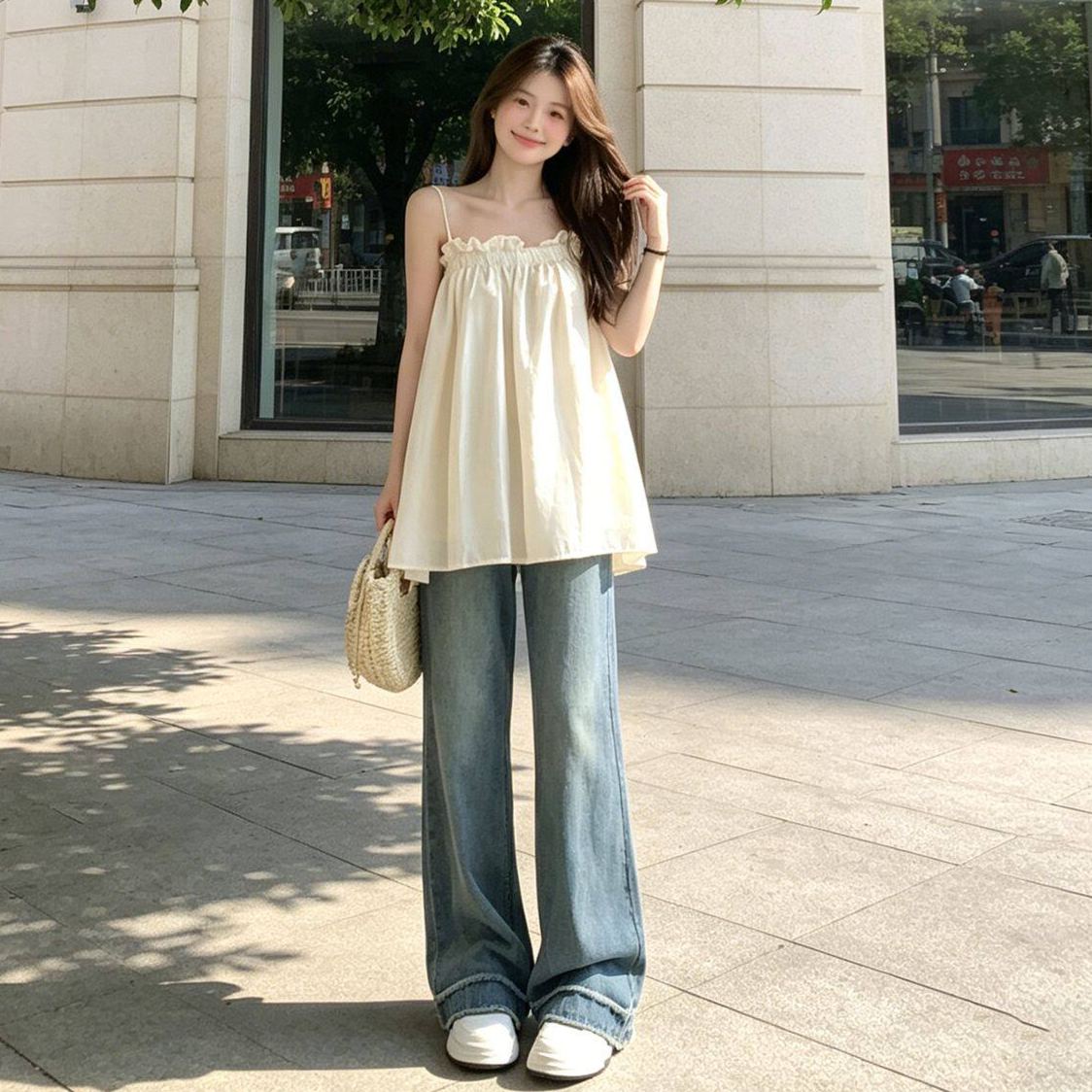 復古木耳邊洋氣百搭寬鬆抹胸吊帶背心