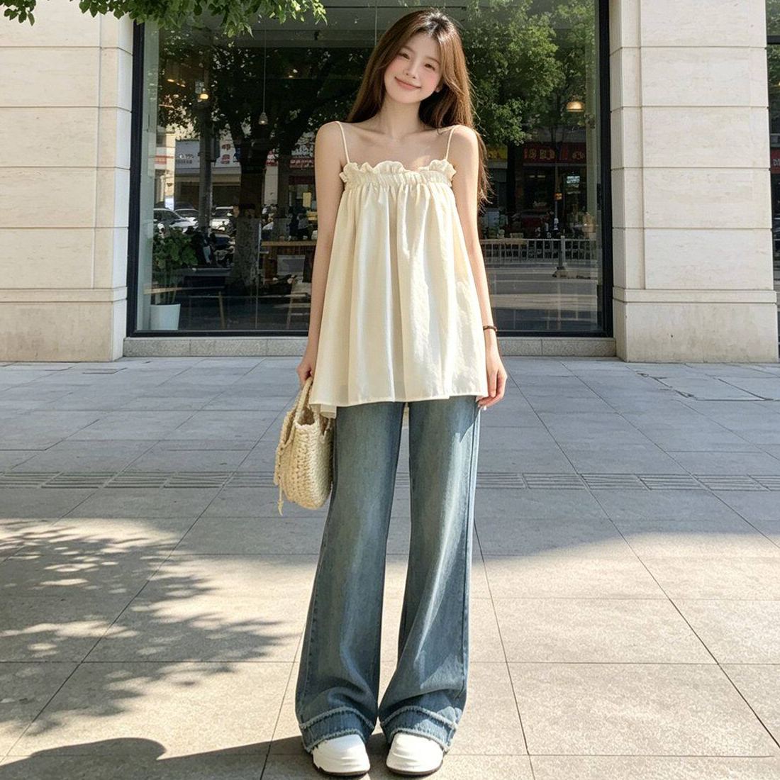 復古木耳邊洋氣百搭寬鬆抹胸吊帶背心