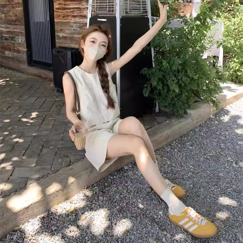 簡約休閑寬松背心上衣高腰闊腿短褲夏季兩件套